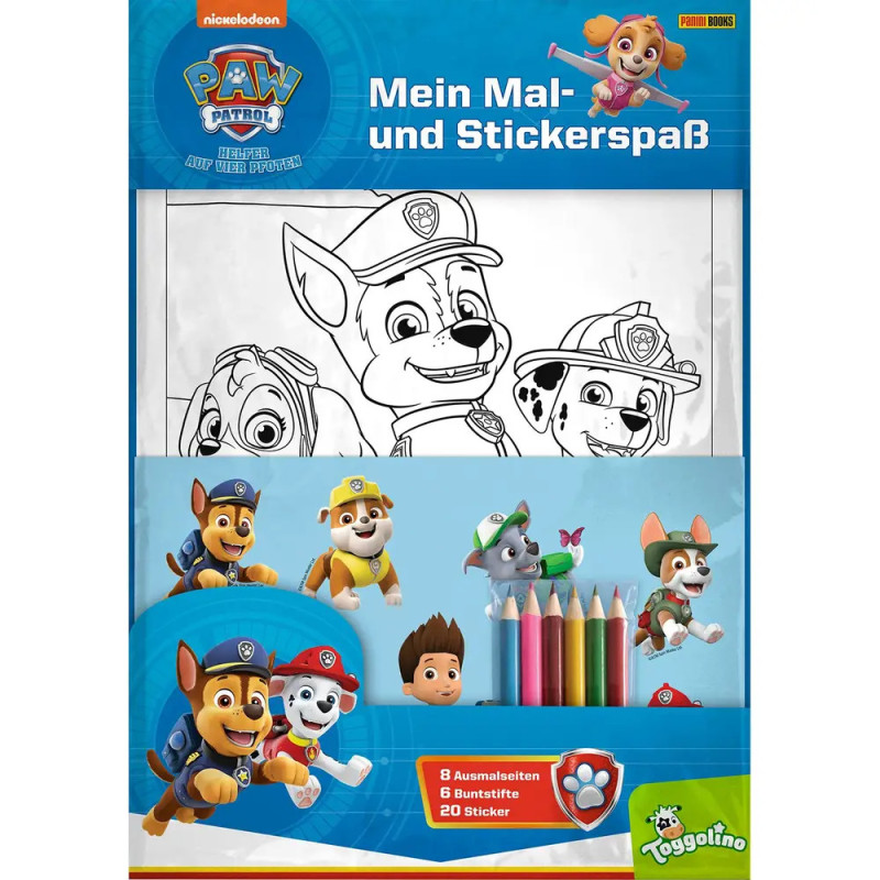 PAW Patrol Mal- und Stickerbuch mit Buntstiften und Comicfiguren auf dem Cover.