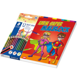 12 Buntstifte neben deutschem Superhelden-Malbuch Mein Super Malblock.