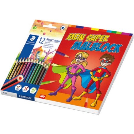 12 Buntstifte neben deutschem Superhelden-Malbuch Mein Super Malblock.
