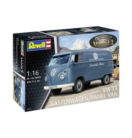 Revell VW T1 Kastenwagen Modellbausatz mit blauem Van und 75 Jahre VW T1-Emblem auf der Box.