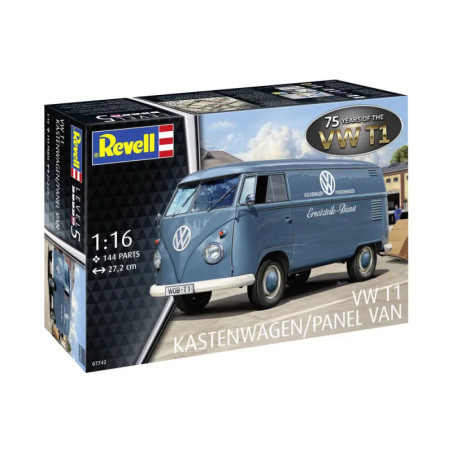 Revell VW T1 Kastenwagen Modellbausatz mit blauem Van und 75 Jahre VW T1-Emblem auf der Box.