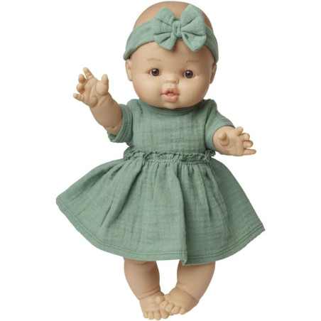 Puppenkleid aus 100 % Bio-Baumwolle mit Rüschen und Haarband, salbeigrün, 2-teilig, Gr. 28-35 cm