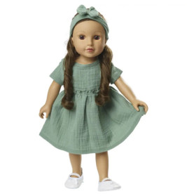 Puppenkleid aus 100 % Bio-Baumwolle mit Rüschen und Haarband, salbeigrün, 2-teilig, Gr. 35-45 cm