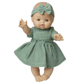 Puppenkleid aus 100 % Bio-Baumwolle mit Rüschen und Haarband, salbeigrün, 2-teilig, Gr. 35-45 cm