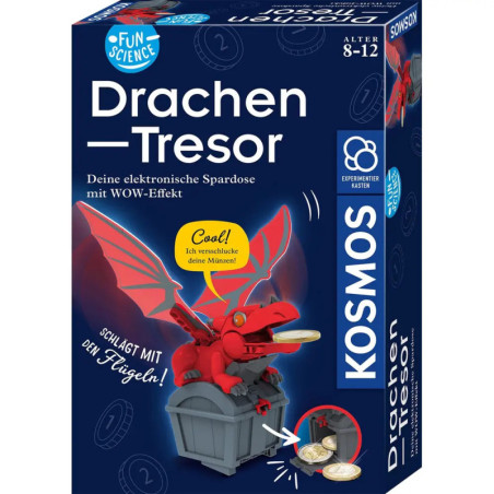 Drachen-Tresor: Elektronisches Sparschwein mit rotem Drachen und Schatztruhe, für Kinder von 8-12 Jahren.
