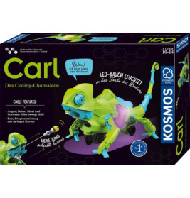 Box des Carl Das Coding-Chamäleon Bausatzes mit buntem Chamäleon-Spielzeug und Coding-Funktionen.