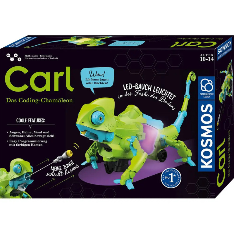Box des Carl Das Coding-Chamäleon Bausatzes mit buntem Chamäleon-Spielzeug und Coding-Funktionen. Box des Carl Das Coding-Chamäleon Bausatzes mit buntem Chamäleon-Spielzeug und Coding-Funktionen.