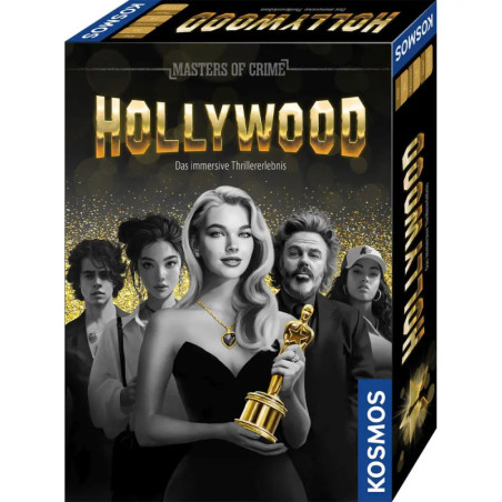 Box von Masters of Crime: Hollywood mit illustrierten Figuren in Glamour-Outfits und Oscar-Trophäen.