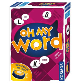 Spielbox Oh My Word mit bunten Buchstaben und Sprechblasen vor pinkem Hintergrund.