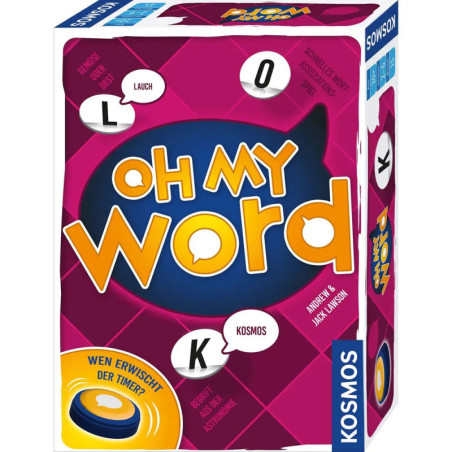 Spielbox Oh My Word mit bunten Buchstaben und Sprechblasen vor pinkem Hintergrund.