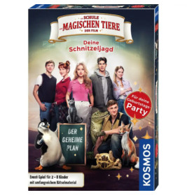 Boxcover von Schule der magischen Tiere-Spiel mit sechs Kindern und mehreren gezeichneten Tieren.