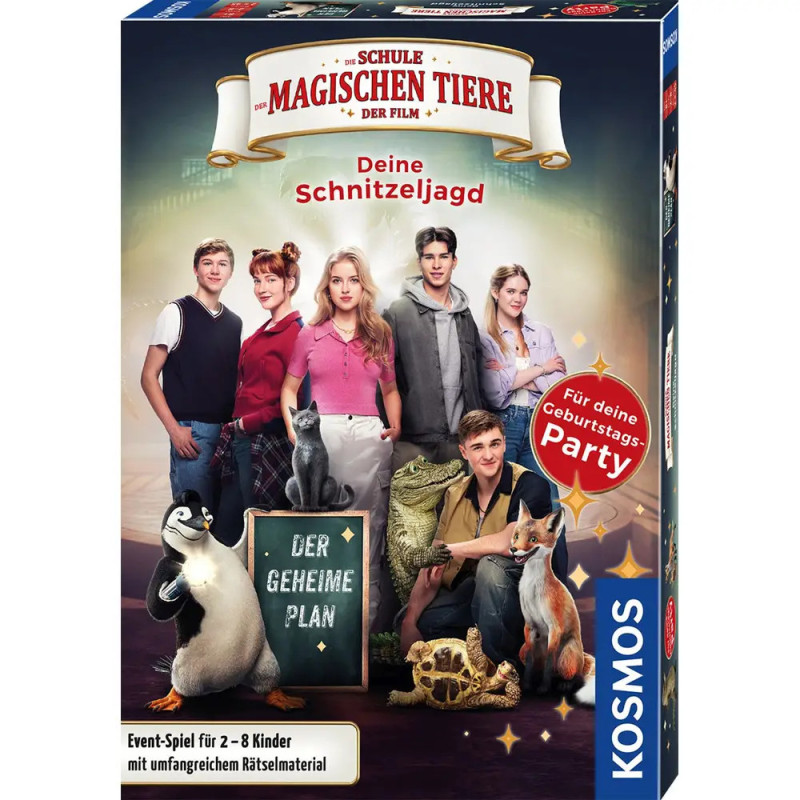 Boxcover von Schule der magischen Tiere-Spiel mit sechs Kindern und mehreren gezeichneten Tieren.