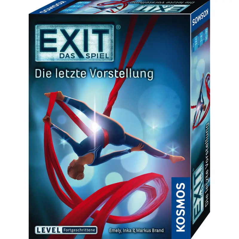 Schachtel von EXIT Das Spiel: Die letzte Vorstellung mit Akrobatin an roten Tüchern. Schachtel von EXIT Das Spiel: Die letzte Vorstellung mit Akrobatin an roten Tüchern.