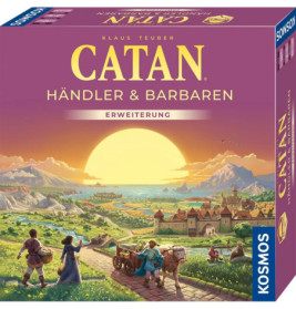 Catan: Händler & Barbaren Spielbox mit Sonnenaufgang, Dorfbewohnern und Ochsenkarren vor Stadt.