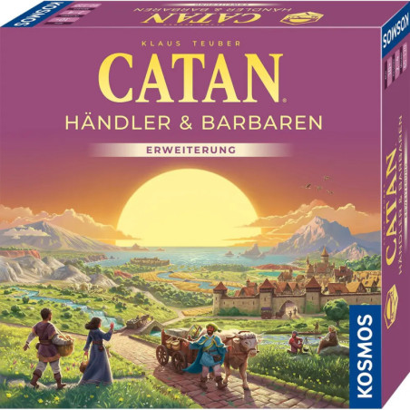 Catan: Händler & Barbaren Spielbox mit Sonnenaufgang, Dorfbewohnern und Ochsenkarren vor Stadt.