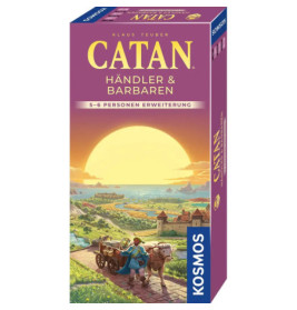 Catan: Händler & Barbaren-Box mit Sonnenaufgang, Dorf, zwei Figuren und Ochsenkarren im Vordergrund.