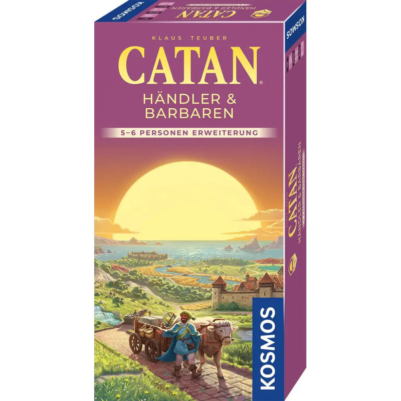 Catan: Händler & Barbaren-Box mit Sonnenaufgang, Dorf, zwei Figuren und Ochsenkarren im Vordergrund. Catan: Händler & Barbaren-Box mit Sonnenaufgang, Dorf, zwei Figuren und Ochsenkarren im Vordergrund.
