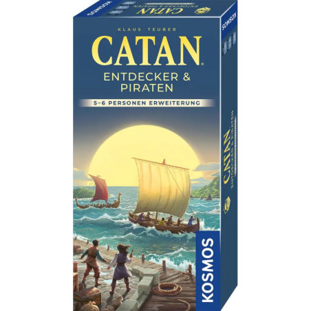 Catan: Erweiterung Explorers & Pirates, Box mit Schiffen auf See bei Sonnenuntergang.