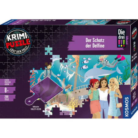 Krimi Puzzle: Der Schatz der Delfine mit Delfinen, Mädchen und Unterwasserszene auf der Box.