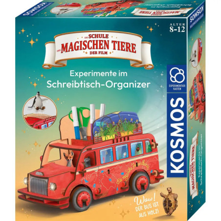 Bunte Bastelset-Box in Busform zum Schreibtisch-Organizer, Thema Schule der magischen Tiere.