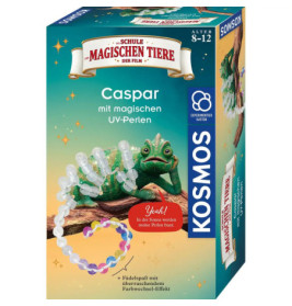 Schachtel mit Chamäleon-Spielzeug und Perlen, beschriftet Caspar mit magischen UV-Perlen von Kosmos.