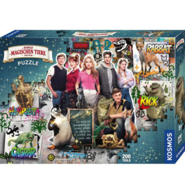 Puzzlebox mit Jugendlichen, magischen Tieren und bunten Namen Titel: Schule der magischen Tiere.