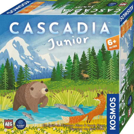 Spielschachtel von Cascadia Junior mit Bär, Fuchs, Bergen und Wald ab 6 Jahren geeignet.