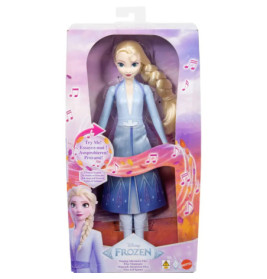 Elsa-Puppe aus Disneys Frozen II im blauen Kleid in bunter Box mit Notenmotiven.