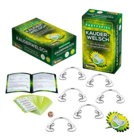Partyspiel-Set mit Karten, Würfel, Anleitungen, Mundstücken und zwei Kauderwelsch-Spielboxen.