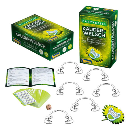 Partyspiel-Set mit Karten, Würfel, Anleitungen, Mundstücken und zwei Kauderwelsch-Spielboxen.