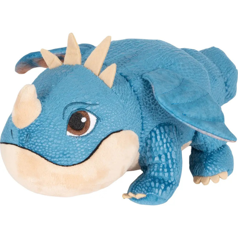 Ein blauer Plüschdrache mit beigefarbenen Hörnern, Flügeln und großen braunen Augen liegt auf dem Bauch. Ein blauer Plüschdrache mit beigefarbenen Hörnern, Flügeln und großen braunen Augen liegt auf dem Bauch.