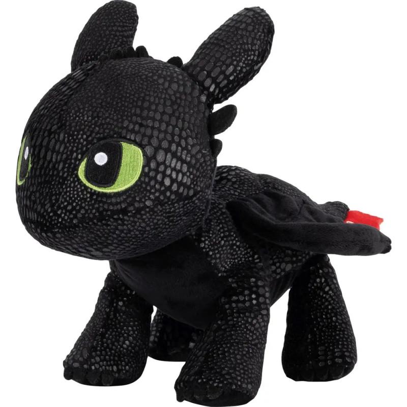Plüschdrache in Schwarz mit grünen Augen, ähnelt Toothless aus Drachenzähmen leicht gemacht.
