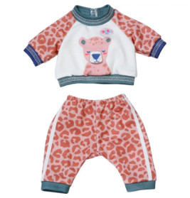 Zweiteiliges Puppenset mit pinker Leopardenhose und Top mit Bärengesicht.