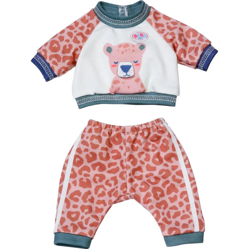 Zweiteiliges Puppenset mit pinker Leopardenhose und Top mit Bärengesicht.