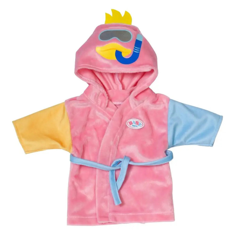 Rosa Puppenbademantel mit Kapuze, gelb-blauen Ärmeln, Schnorchel-Motiv und blauem Gürtel. Rosa Puppenbademantel mit Kapuze, gelb-blauen Ärmeln, Schnorchel-Motiv und blauem Gürtel.