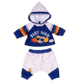 Baby-Outfit mit Kapuze, BABY BORN-Schriftzug, Bärenmotiv und bunter Hose.