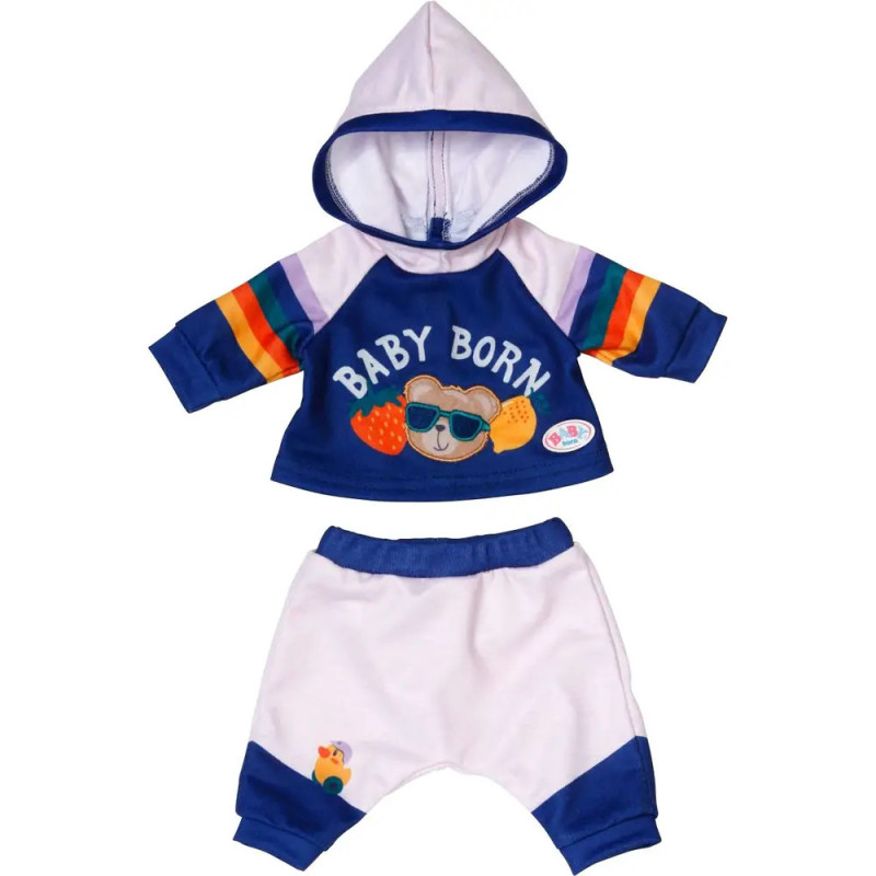 Baby-Outfit mit Kapuze, BABY BORN-Schriftzug, Bärenmotiv und bunter Hose. Baby-Outfit mit Kapuze, BABY BORN-Schriftzug, Bärenmotiv und bunter Hose.