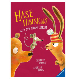 Illustration von Bär, Maus und grimmigem Hasen mit Hut auf rotem Buchcover Hase Hibiskus.