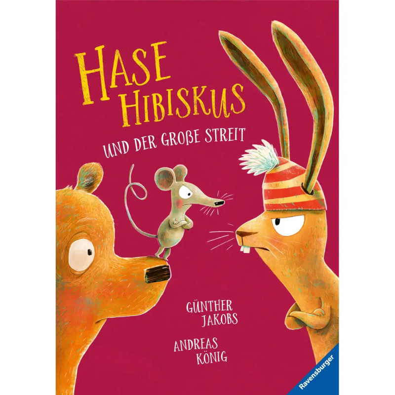 Illustration von Bär, Maus und grimmigem Hasen mit Hut auf rotem Buchcover Hase Hibiskus.
