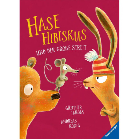 Illustration von Bär, Maus und grimmigem Hasen mit Hut auf rotem Buchcover Hase Hibiskus.