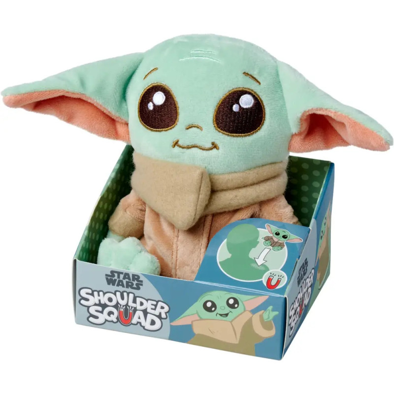 Plüsch-Baby-Yoda aus Star Wars mit großen Augen und Ohren in geöffneter Shoulder Squad-Box.