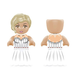 Blonde Spielfigur im weißen Kleid mit detailliertem Druck, von vorne und hinten gezeigt.