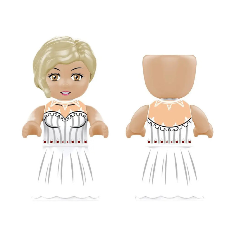 Blonde Spielfigur im weißen Kleid mit detailliertem Druck, von vorne und hinten gezeigt. Blonde Spielfigur im weißen Kleid mit detailliertem Druck, von vorne und hinten gezeigt.