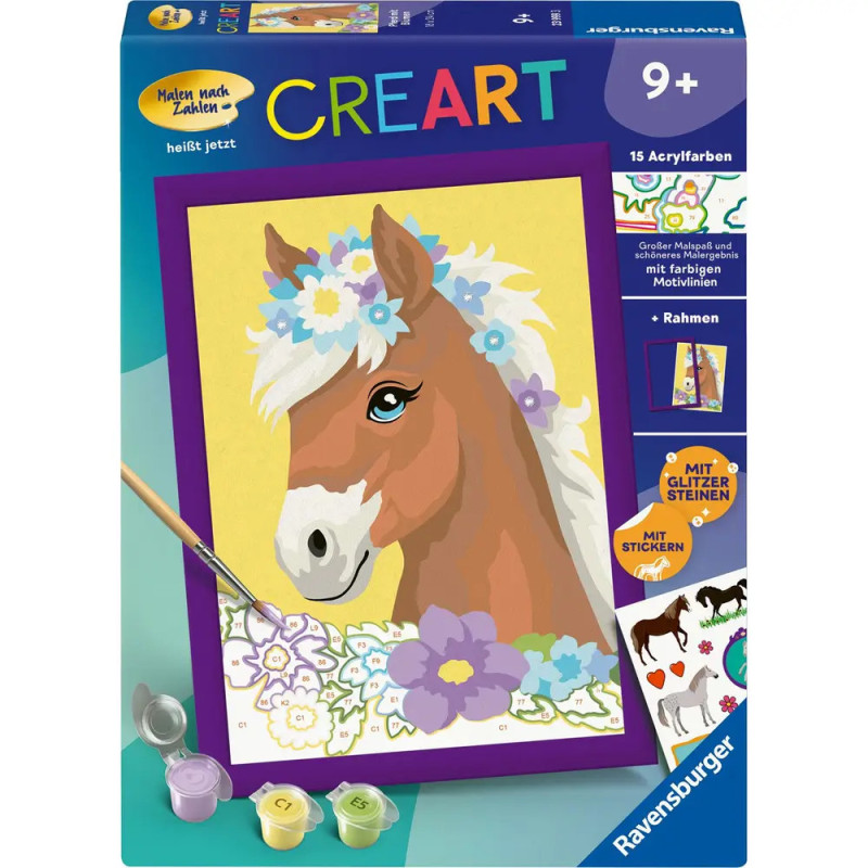 Malen-nach-Zahlen-Set ab 9 Jahren mit Pferd, Blumen, Farben, Pinsel und Rahmen.