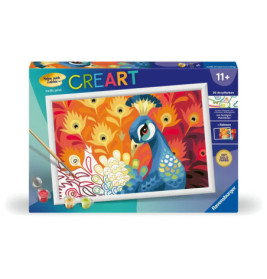 Malkasten mit buntem Pfauenmotiv, Zubehör und CREART-Label, empfohlen ab 11 Jahren.