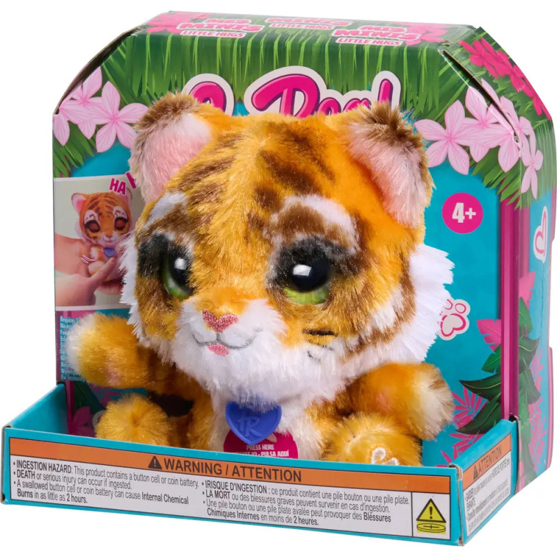 Plüsch-Tiger mit grünen Augen in bunter Verpackung, geeignet für Kinder ab 4 Jahren.
