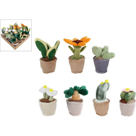 Sieben Plüsch-Pflanzen und Blumen in kleinen Töpfen auf weißem Hintergrund.
