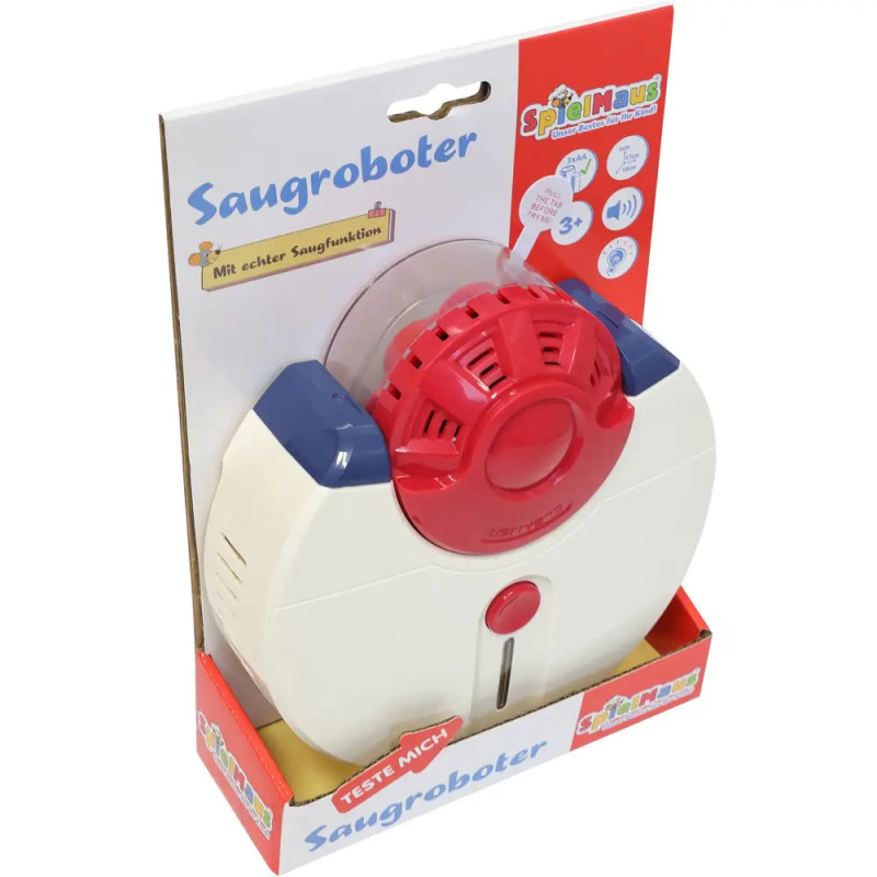 Spielzeug-Saugroboter in rot-weißer Verpackung, beschriftet mit Saugroboter und Teste mich. Spielzeug-Saugroboter in rot-weißer Verpackung, beschriftet mit Saugroboter und Teste mich.