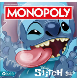 Monopoly-Spielbox mit Disneys Stitch, der die Zunge herausstreckt und einen verspielten Ausdruck zeigt.
