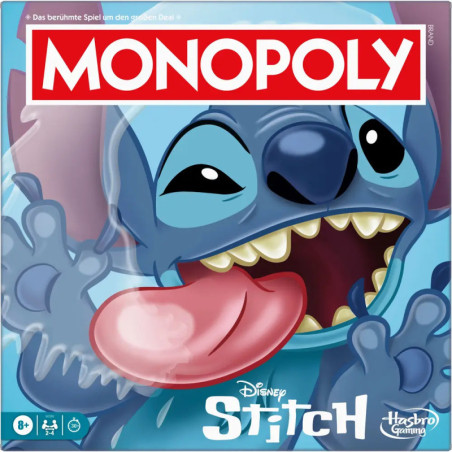 Monopoly-Spielbox mit Disneys Stitch, der die Zunge herausstreckt und einen verspielten Ausdruck zeigt.